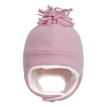 Detailed view of pink fleece baby winter hat with warm earflaps and soft faux fur lining - Size 50 (1-3 Years) / Pink