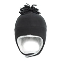 Close-up of black fleece winter trapper hat with soft white faux fur lining and top tassels - Size 50 (1-3 Years) / Dark Gray