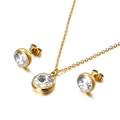 Elegant gold titanium necklace and zircon stud earring set on clean white background - White Zirconia Style (KS115003-Z)