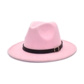 Pink wool fedora hat with a black leather band and gold buckle on a white background - M (56-58cm) / Pink