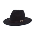 Classic black wool fedora hat with a brown leather band and gold buckle detail - M (56-58cm) / Black