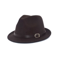 Dettaglio del cappello fedora marrone scuro con cinturino in pelle e fibbia in metallo oro - M (56-58cm) / caffè