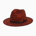 British style leopard print wool fedora hat with wide brim and black belt buckle - Burgundy / M (56-58cm)