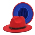 Cappello Fedora in lana bicolore stile britannico con tesa larga e cinturino cuoio - M (56-58cm) / Rosso e Blu Reale