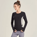 Langärmliges Fitness-Oberteil für Damen mit grauen Kontrasteinsätzen und Daumenlöchern - S / Schwarz