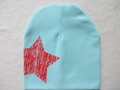 Light blue knitted baby beanie featuring a red star print for boys and girls - Red Pentagram / Light Blue