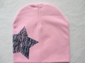 Pink knitted baby beanie with a distressed dark blue star pattern for kids - Blue Pentagram / Pink