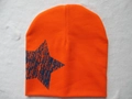 Orange knitted baby beanie featuring a dark blue star print on a soft elastic fabric - Blue Pentagram / Orange