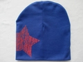 Dark blue knitted baby beanie with a distressed red star print for winter warmth - Red Pentagram / Dark Blue