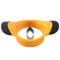 Yellow stainless steel apple slicer with black rubber grips on a white background - Mango Slicer