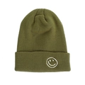 Army green knitted beanie featuring a white embroidered smiley face on a folded cuff - Dark Green