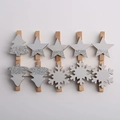 Set di 10 clip natalizie in legno grigio con glitter argento, forme di albero e stella - Combinazione Albero di Natale-Stella-Fiocco di Neve / Bianco (Con glitter argento)