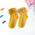 Yellow lace ruffle socks for girls with double-layered tulle trim and cotton texture - Yellow