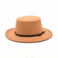 Classic camel wide brim flat top wool felt hat with decorative brown leather belt and buckle - M (56-58cm) / Camel