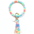 Tie-dye PU leather tassel keychain bracelet with gold metal ring and round tag for women - Green Tie-Dye