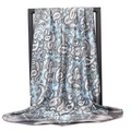 Detail view of large paisley print satin scarf featuring light blue and grey elegant texture - 90x90cm / Light Blue Paisley