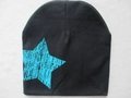 Black knitted baby beanie featuring a large blue star print with a distressed texture - Blue Pentagram / Black