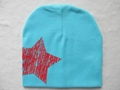 Sky blue knit baby beanie with a distressed red star print for boys and girls - Red Pentagram / Lake Blue