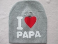 Grey knitted baby beanie featuring I Love PAPA print with red heart detail - I Love Dad / Gray