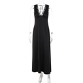 Close-up of black satin slip dress showing deep V-neck and delicate lace trimming details - S / Black