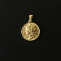 Macro detail of 18K gold plated titanium steel coin pendant with Mercury Liberty relief - M08 Little Flying Angel