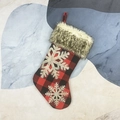 Red and black buffalo plaid Christmas stocking with faux fur trim and snowflake applique - Snowflake Style