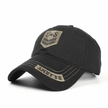 Detail of US Army embroidery on black military baseball cap with star and chevron insignia - Adjustable / Black