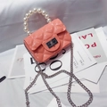 Mini pink PVC jelly bag with quilted pattern, pearl handle, and silver chain strap - Pink