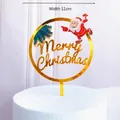 Golden Merry Christmas acrylic cake topper with Santa Claus and green tree, 11cm width - Santa Claus Round Plate