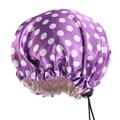 Detail of purple polka dot satin sleep cap featuring a black adjustable drawstring buckle - One Size / Purple