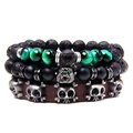 Three-piece bead bracelet set with natural lava stone, wolf head charm and leather strap - Green Tiger Eye Wolf Head