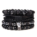 Men's black natural stone bead bracelet set with leather wrap and silver leopard charm - Leopard Head Hematite Micro Pave