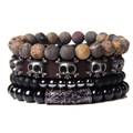 Set of four stacked bracelets with natural stone beads and skull cross charm - 4.9 Skull