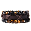 Three-piece layered bracelet set with matte black onyx, tiger eye stones and leather cord - 4.9 Faceted Lava Stone