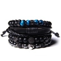 Details von Naturstein-Armbändern mit mattschwarzen Perlen und einem Leopardenkopf-Anhänger - Saphirblaues Tigerauge Mikro-eingelegtes Lederkordel Armband (FD4424)