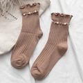 Japanese style coffee brown knit socks with ruffled edges and white pearl decorations - One Size / Light Coffee