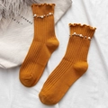 Ginger yellow cotton crew socks with pearl beads and ruffled lettuce trim edges - One Size / Turmeric