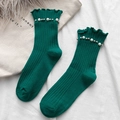 Dark green crew socks featuring elegant pearl and metal bead trim on the cuffs - One Size / Green