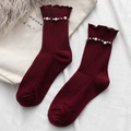 Japanese style wine red crew socks with ruffle trim and pearl rivet decorations - One Size / Burgundy