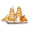 Golden sailboat brooch with bright orange enamel sails and black detailed hull - Gold