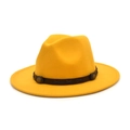 Bright yellow wool fedora hat with dark brown leather band and retro metal buckle - M (56-58cm) / Yellow