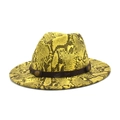 Detail of yellow snakeskin pattern wool fedora with brown leather band and metal studs - M (56-58cm) / Green