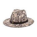Chic snake print fedora hat with wide brim and decorative brown leather band buckle - M (56-58cm) / Beige