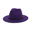Classic deep purple wool fedora hat with wide flat brim and black leather buckle band - M(56-58cm) / Purple