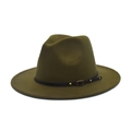 Olive green wide brim fedora hat with black leather band and gold metal buckle - M(56-58cm) / Army Green