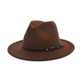 Classic brown wool felt fedora hat with flat brim and black leather band with gold buckle - M(56-58cm) / Coffee