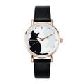 Reloj de cuarzo de gato con correa de cuero negro y caja de oro rosa para niñas - Juego de Reloj Pulsera Caja de Regalo Gato Negro / Negro