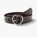 Dark brown leather belt featuring silver heart-shaped buckle and hollow heart cutouts - Coffee / Length 110 Width 2.3