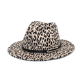 Close-up of leopard print fedora hat featuring a black band with a gold metal buckle detail - M(56-58cm) / White