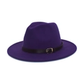 Classic purple wool fedora hat featuring a black leather band and golden metal buckle - M (56-58cm) / Purple